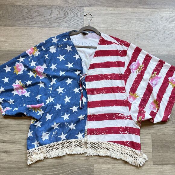 Tasha Polizzi Top Women One Size Patriotic Flag American Beauty Fringe Kimono - Picture 1 of 11